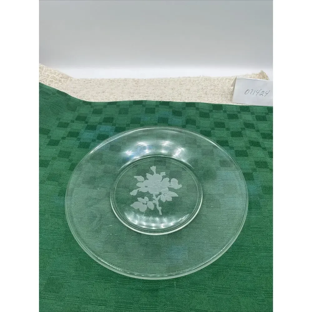 8” Clear Glass Dessert Plate Etched Floral Design Bottom